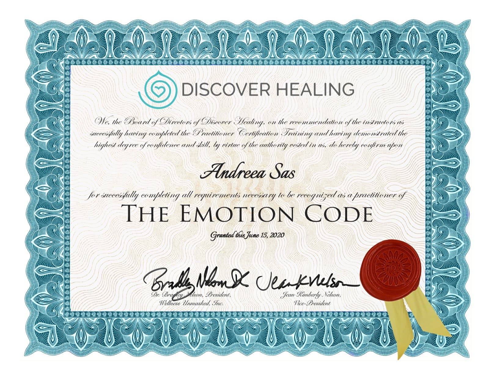 Certificat Practician Cod Emotional - Andreea Sas